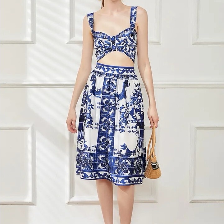 Blue And White Porcelain Printed Coord Set